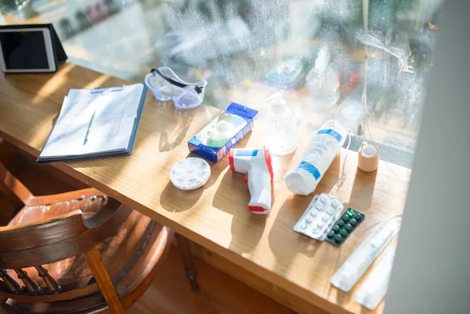A wooden table with a variety of medications and a thermometer on it.