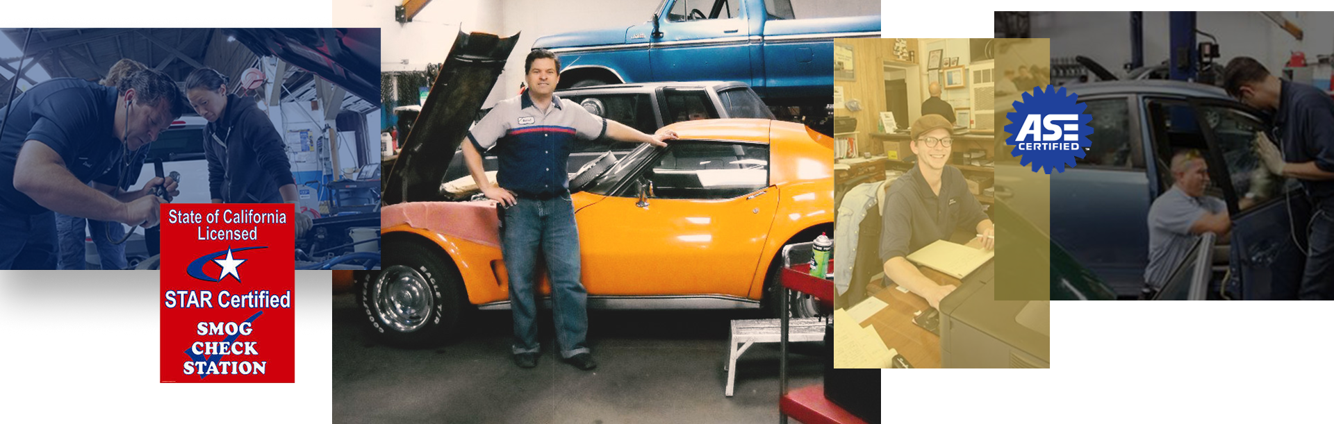 People in an auto shop inspect a yellow car, with blue and gold promotional graphics layered around them.