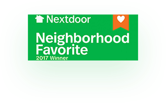 Nextdoor Neighborhood Favorite badge with green background and orange heart, 2017 winner