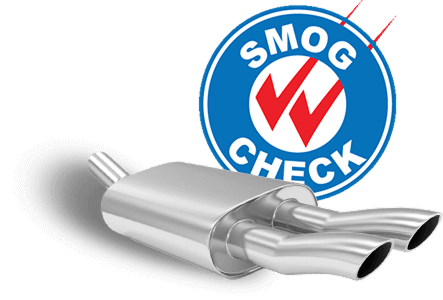 Smog check logo with a silver car exhaust muffler on white background