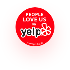 Red Yelp badge reading “People love us on yelp” with the Yelp logo and website URL