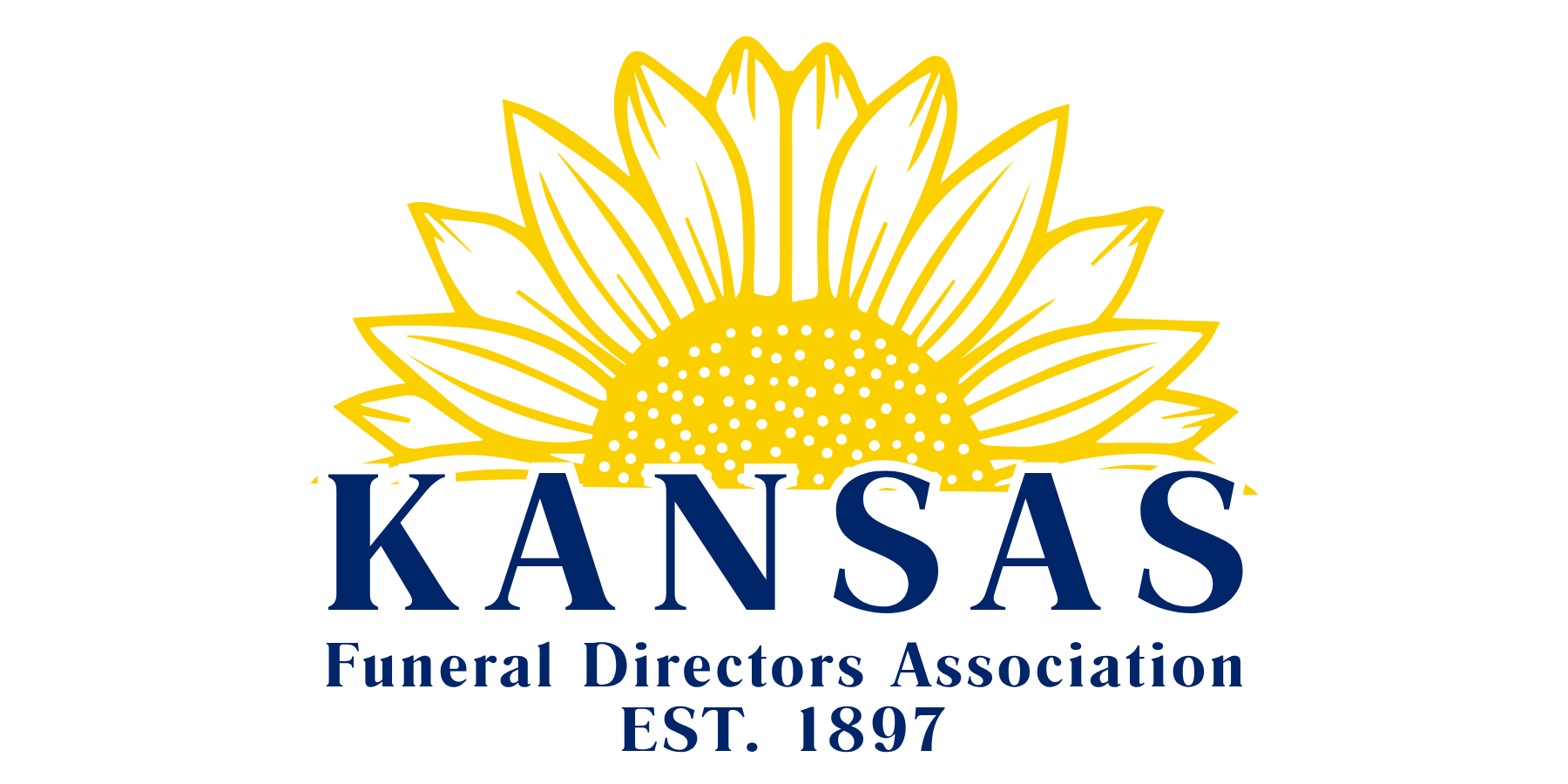 Kansas Funeral Directors Association logo with a yellow sunflower and blue text, Est. 1897