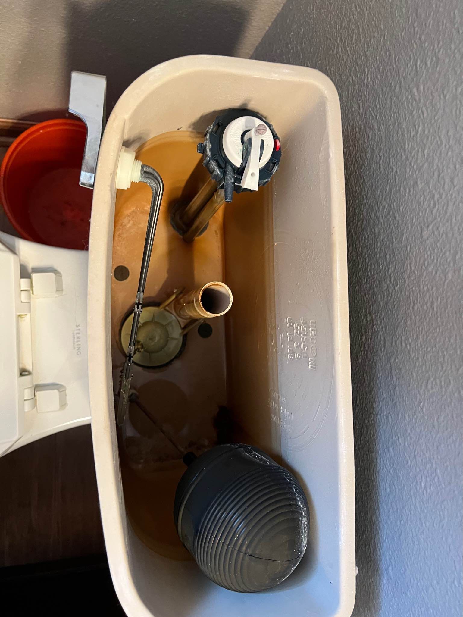 The inside of a toilet tank is dirty and needs to be cleaned.