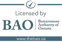 Licensed by BAO, with Bereavement Authority of Ontario logo and website www.thebao.ca