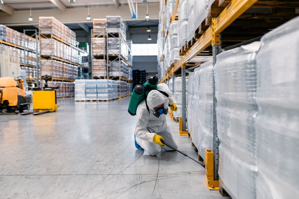 Termatrac Pest Inspection Tools — Pest Management in Sippy Downs, QLD A Man in a Protective Suit is Spraying a Warehouse With a Sprayer — Core Pest Management in Maroochydore, QLD