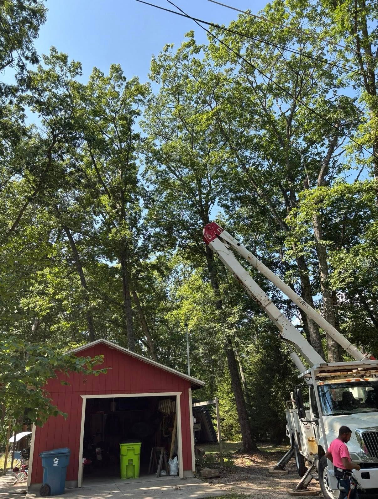 Bucket truck working near a red shed in a wooded yard, with a worker visible by the truck.