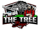 Logo for &ldquo;The Tree Boy&rdquo; with a tree, white truck, and bearded lumberjack in red and black attire
