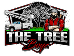 Logo for &ldquo;The Tree Boy&rdquo; with a tree, white truck, and bearded lumberjack in red and black attire