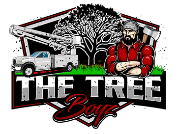 Logo for &ldquo;The Tree Boy&rdquo; with a tree, white truck, and bearded lumberjack in red and black attire