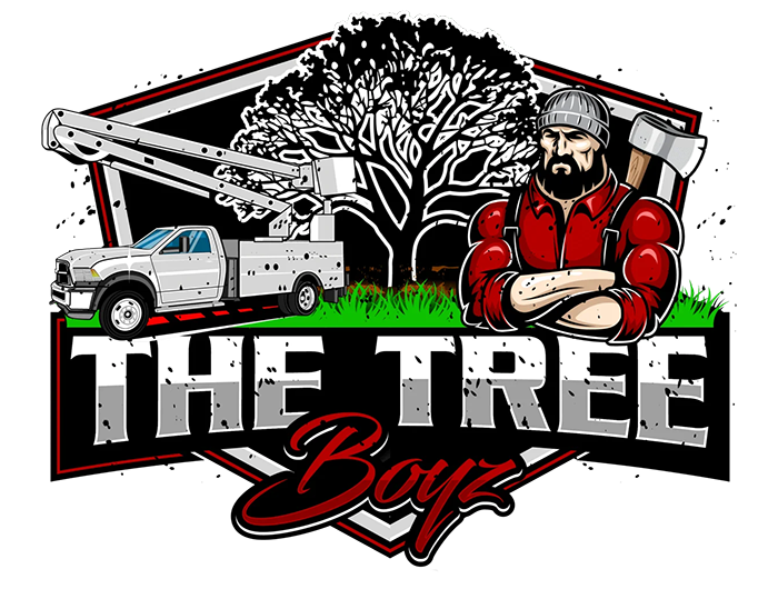Logo for &ldquo;The Tree Boy&rdquo; with a tree, white truck, and bearded lumberjack in red and black attire