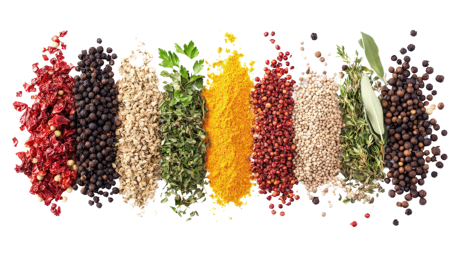 Variety of colorful spices and herbs in rows on white background.