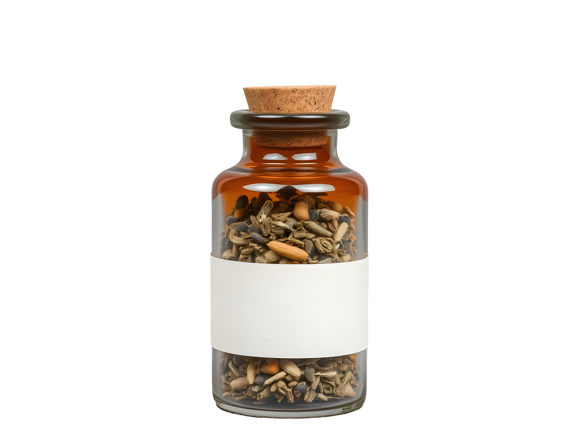 Small amber glass jar with cork stopper, filled with dried seeds and insects, blank white label.
