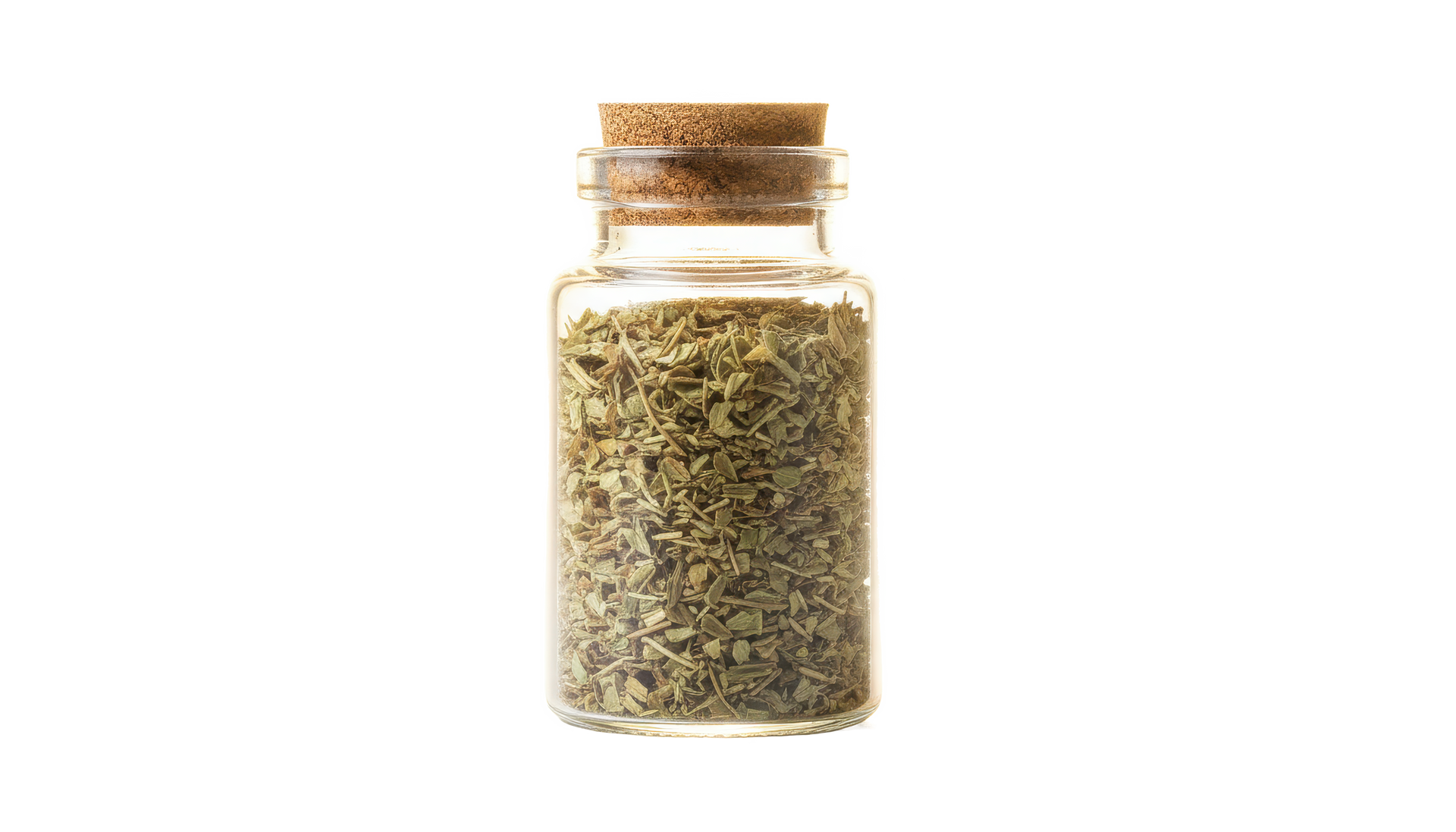 Jar of dried herbs with cork stopper.