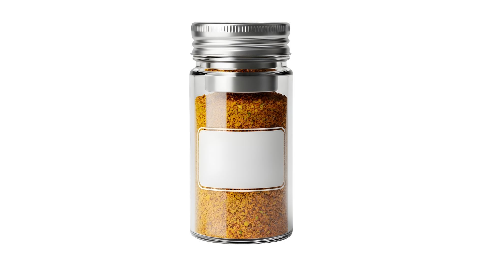 Spice jar with metallic lid and blank white label, filled with yellow powder.
