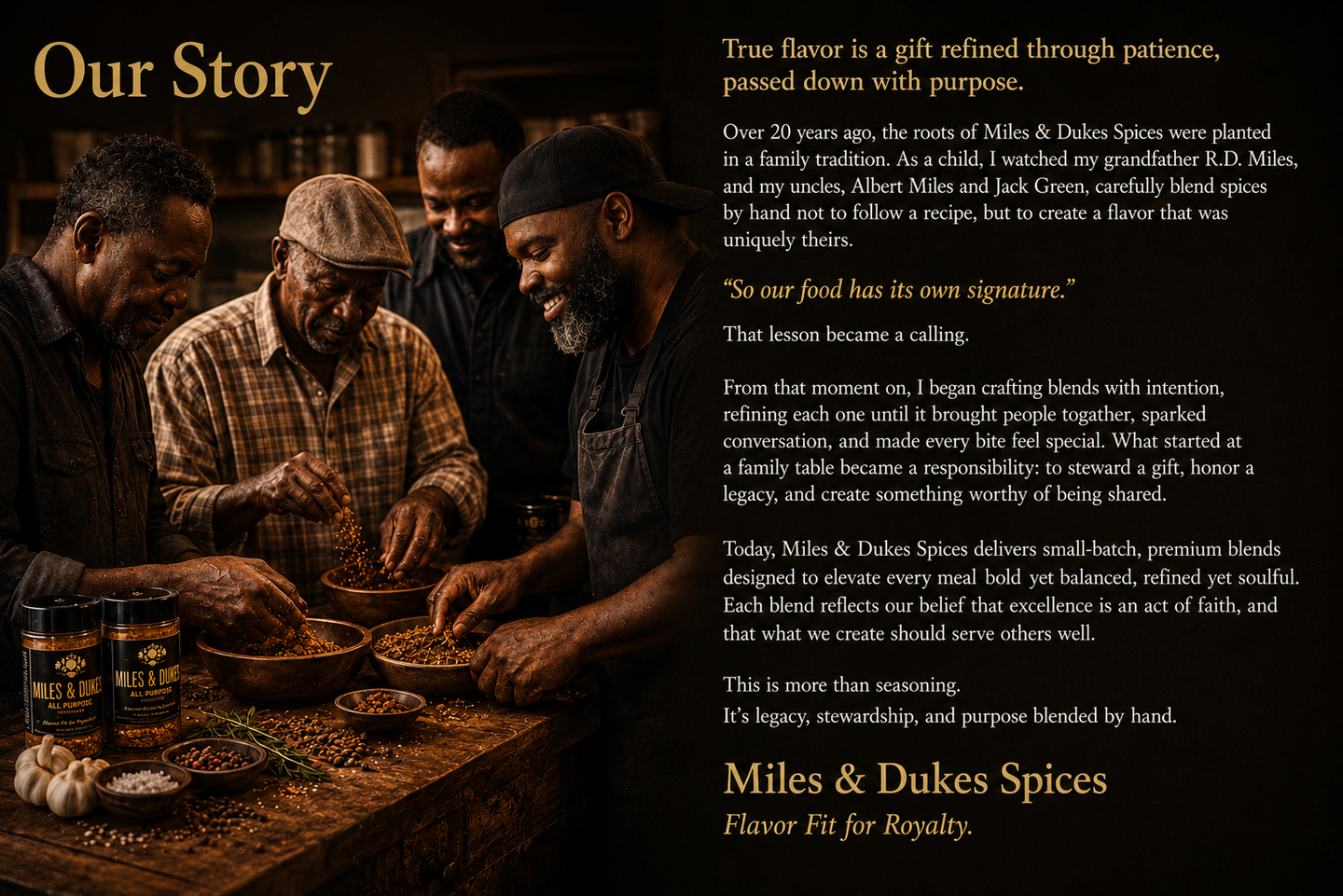 Two men cook together in a warm, rustic kitchen beside a text-heavy “Our Story” layout.