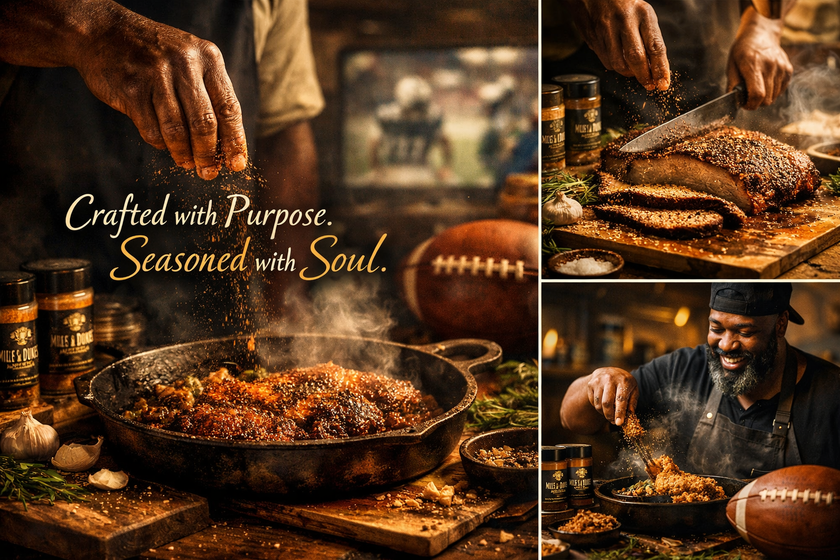 Chef carving roasted meat in warm kitchen collage with text “Crafted with Purpose. Seasoned with Soul.”
