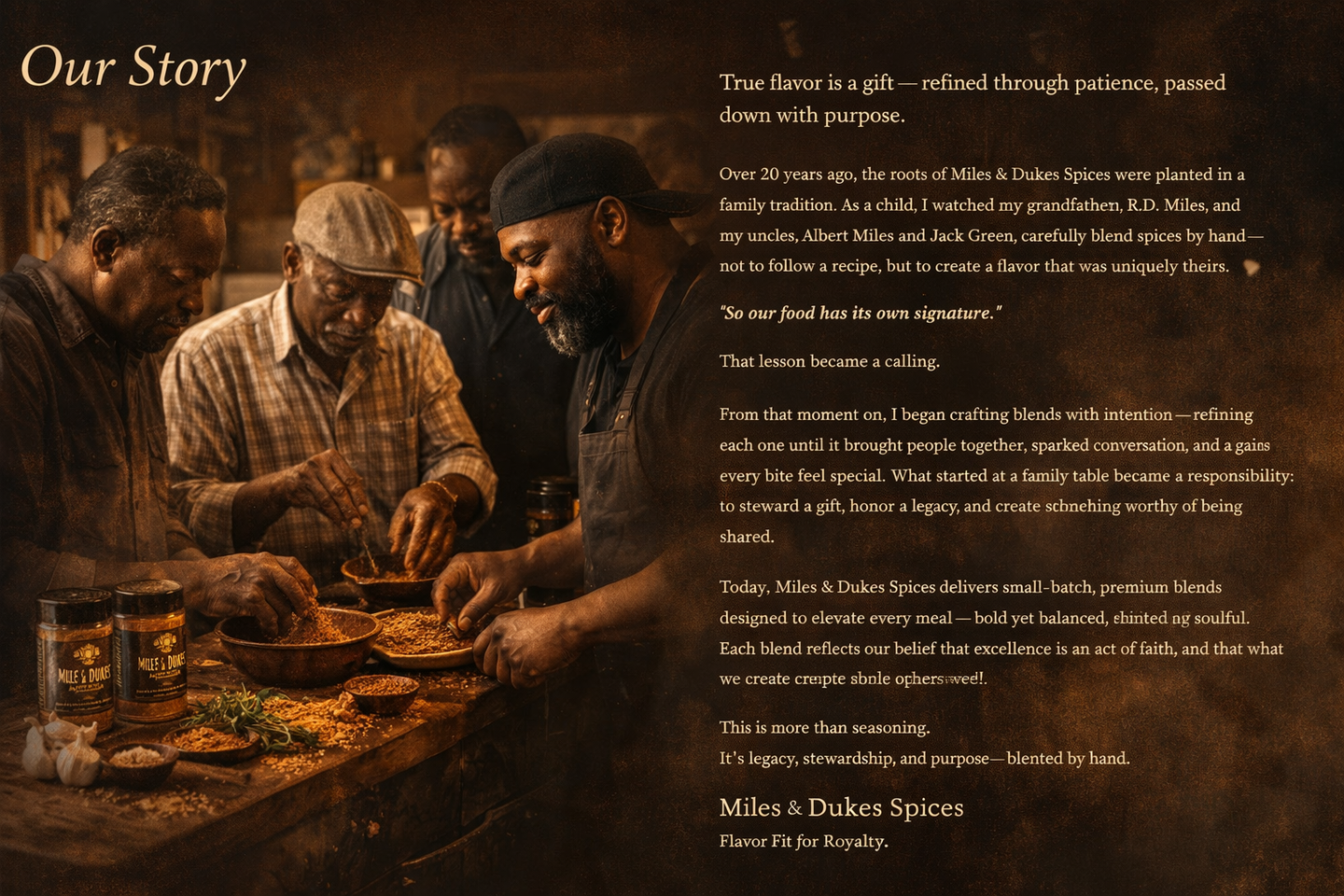 Two men cook together in a warm, rustic kitchen beside a text-heavy “Our Story” layout.