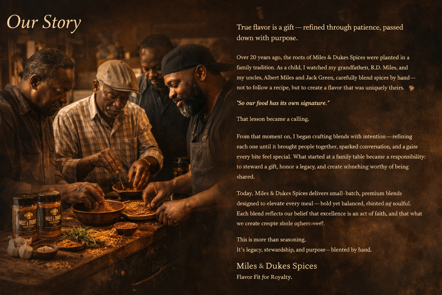 Two men cook together in a warm, rustic kitchen beside a text-heavy “Our Story” layout.