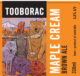 Beer label with cartoon animals: moose, bear, wolf, beaver, squirrel.