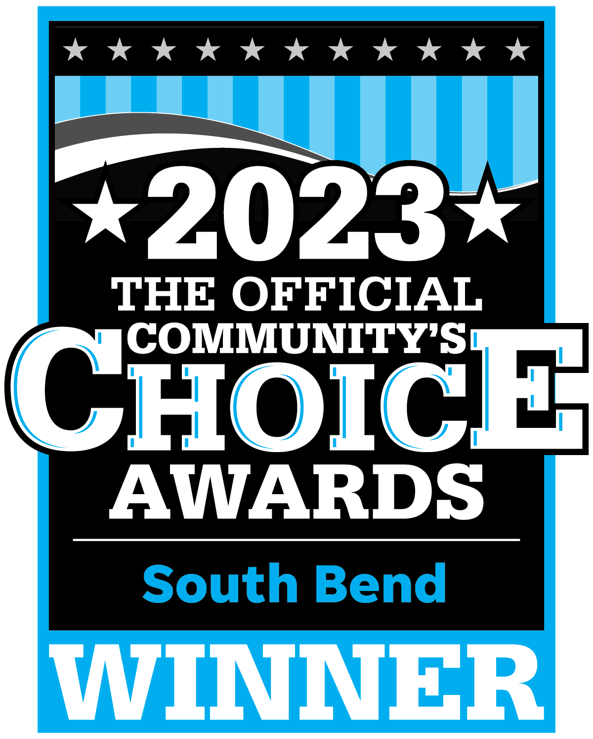 A 2023 South Bend Community Choice Awards Winner badge in blue, black, and white.