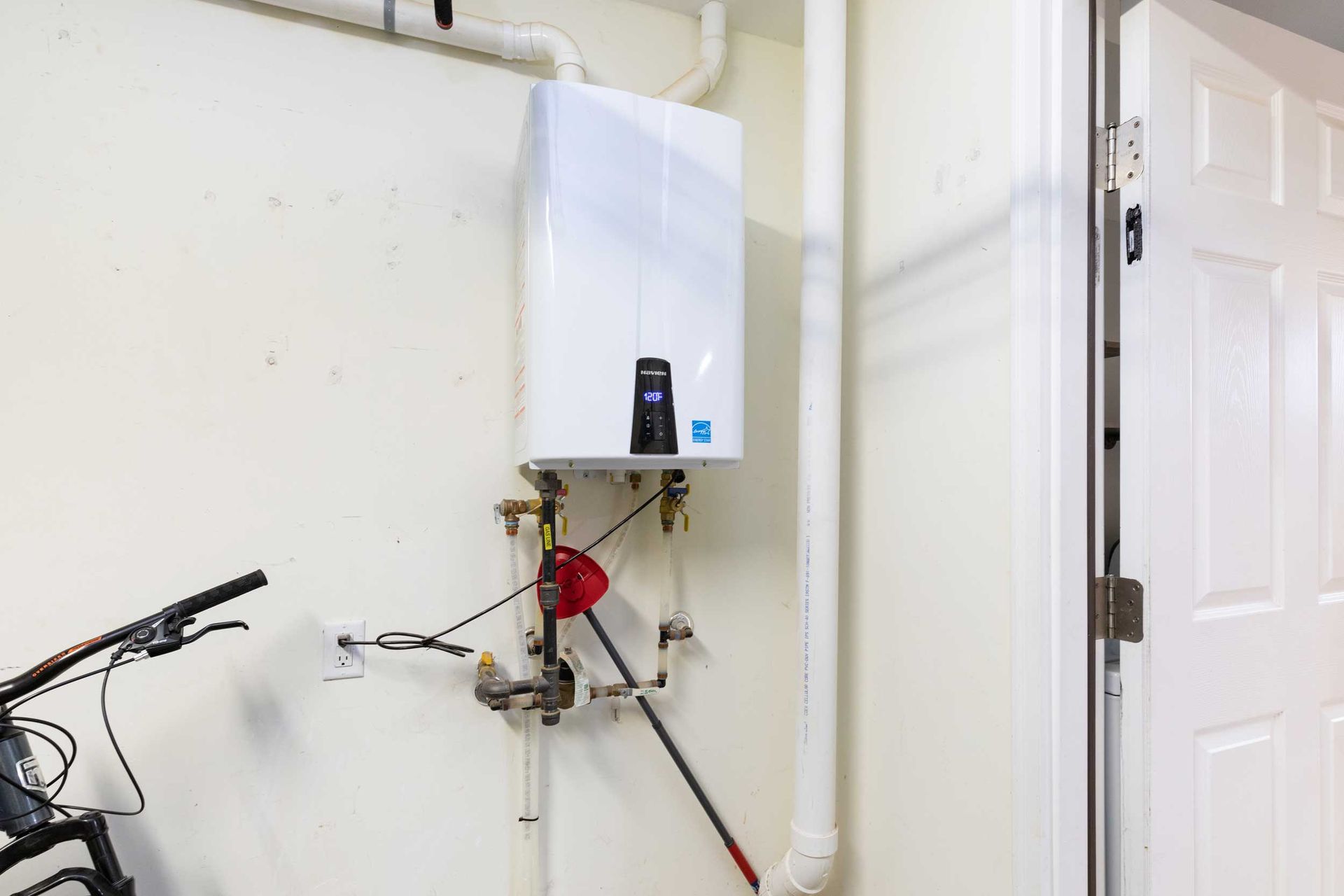 A tankless water heater. A tankless water heater.