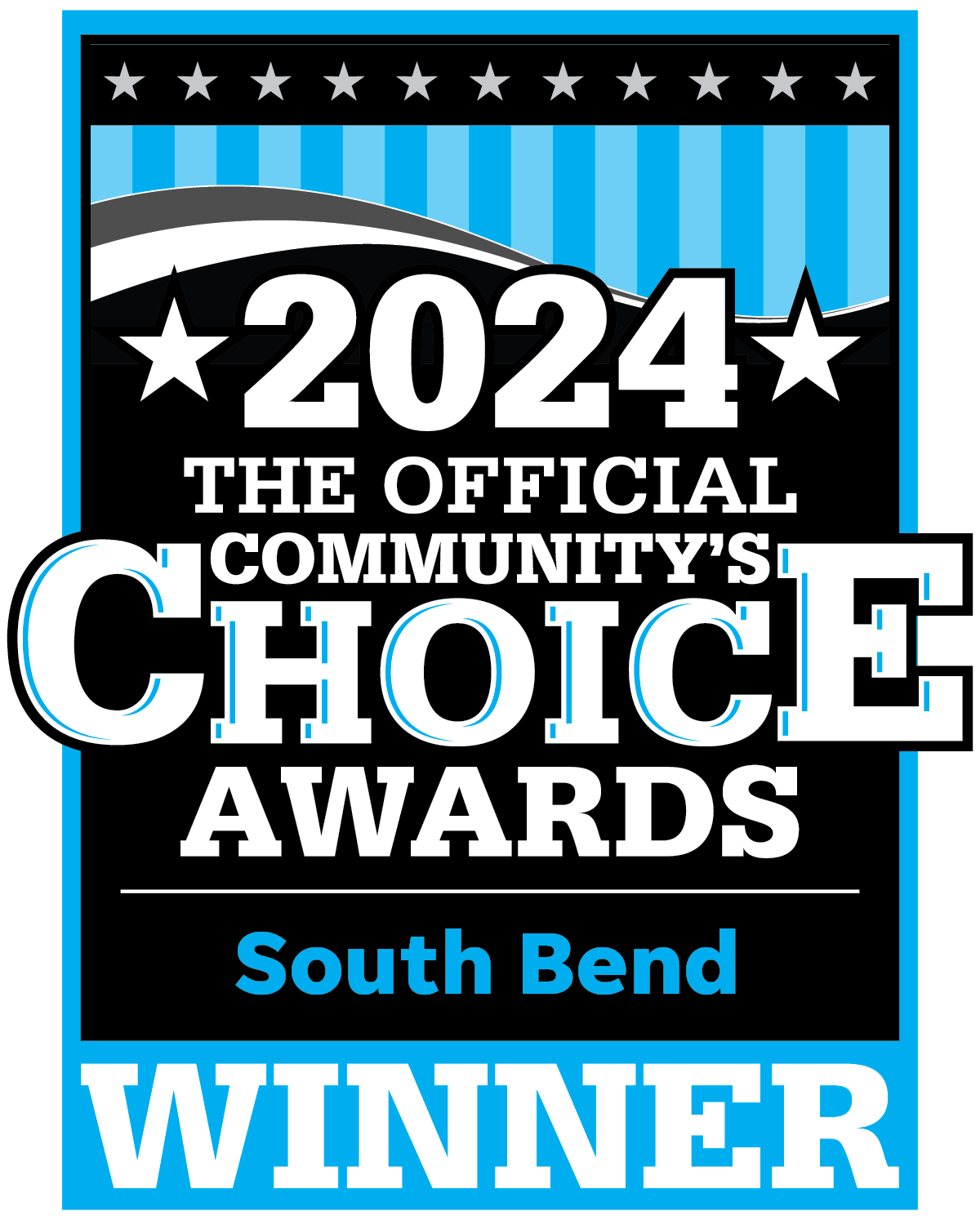 A black and blue logo for the 2024 South Bend Community’s Choice Awards, declaring the recipient a 