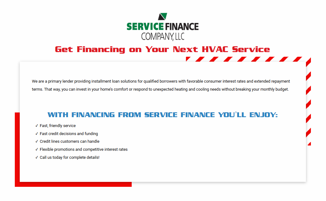 Service Finance Company LLC flyer offering HVAC financing, listing benefits like easy payments and fast approvals.
