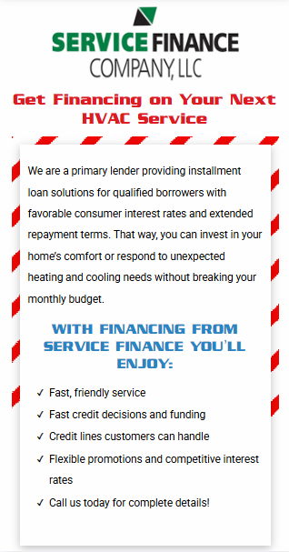 A Service Finance Company flyer promoting financing for HVAC services with benefits like fast funding and flexible rates.