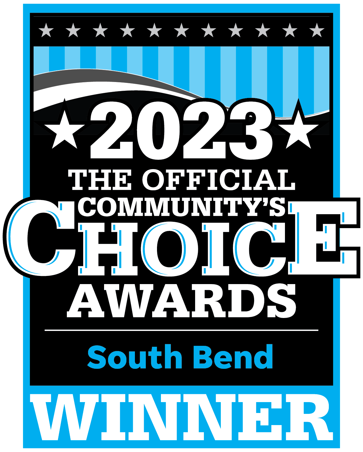 2023 South Bend Official Community’s Choice Awards winner badge with blue and black text on a black and blue background.