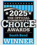 The 2025 South Bend Community’s Choice Awards Winner logo in black, white, and blue with star accents.