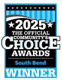 A black, white, and blue logo for the 2025 South Bend Community’s Choice Awards Winner.