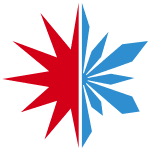 A circular logo split vertically: a red 8-pointed star on the left and a blue 8-pointed star on the right.
