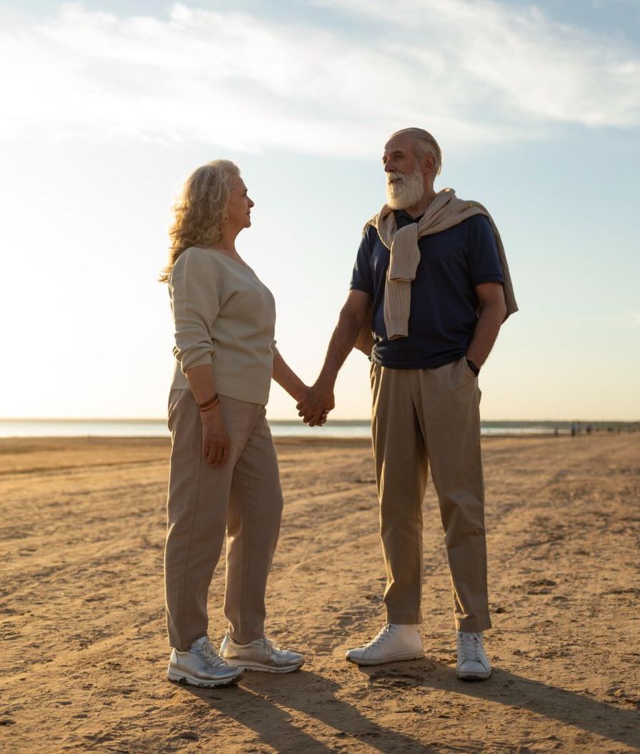 A man and a woman are holding hands on the beach.