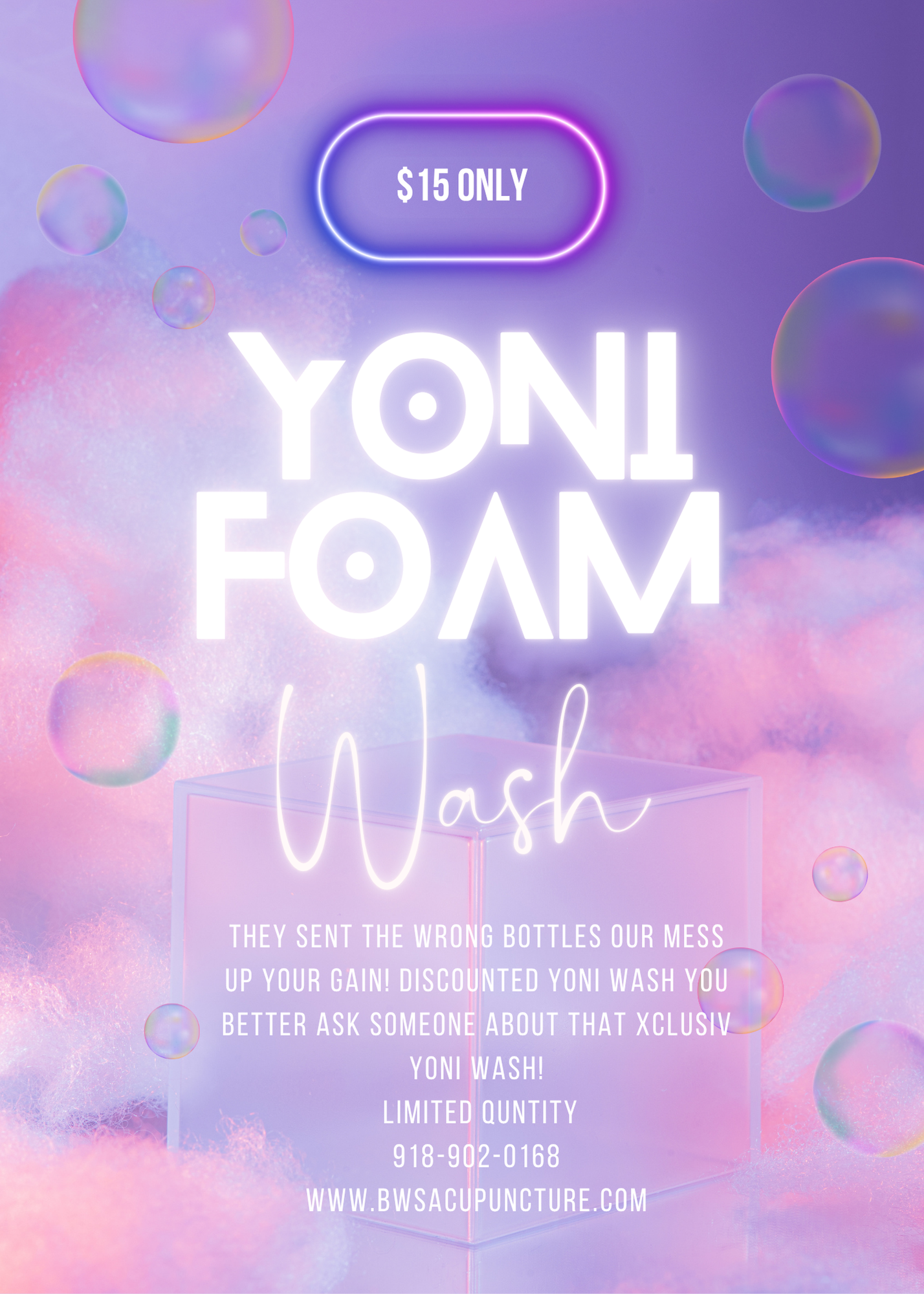 Pink and purple poster for Yoni Foam Wash with soap bubbles and promotional pricing text