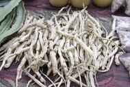 Bundles of pale dried roots laid on a patterned cloth at a market stall