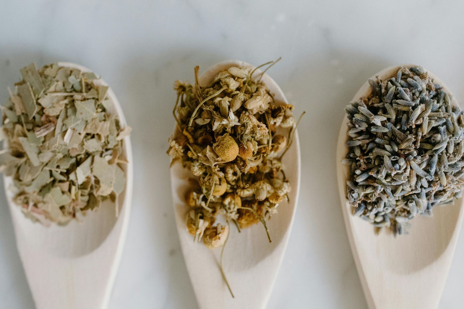 Three white spoons holding dried herbs, yellow flowers, and lavender on a light surface