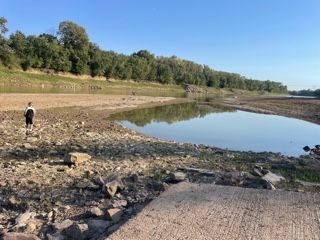 Person walking on dry lakebed towards small pool of water; trees in the background.