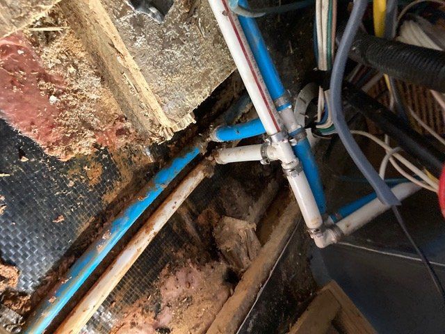 Pipes with joints and clamps in a damp, exposed area, likely an RV or camper. Blue and white plastic pipes.