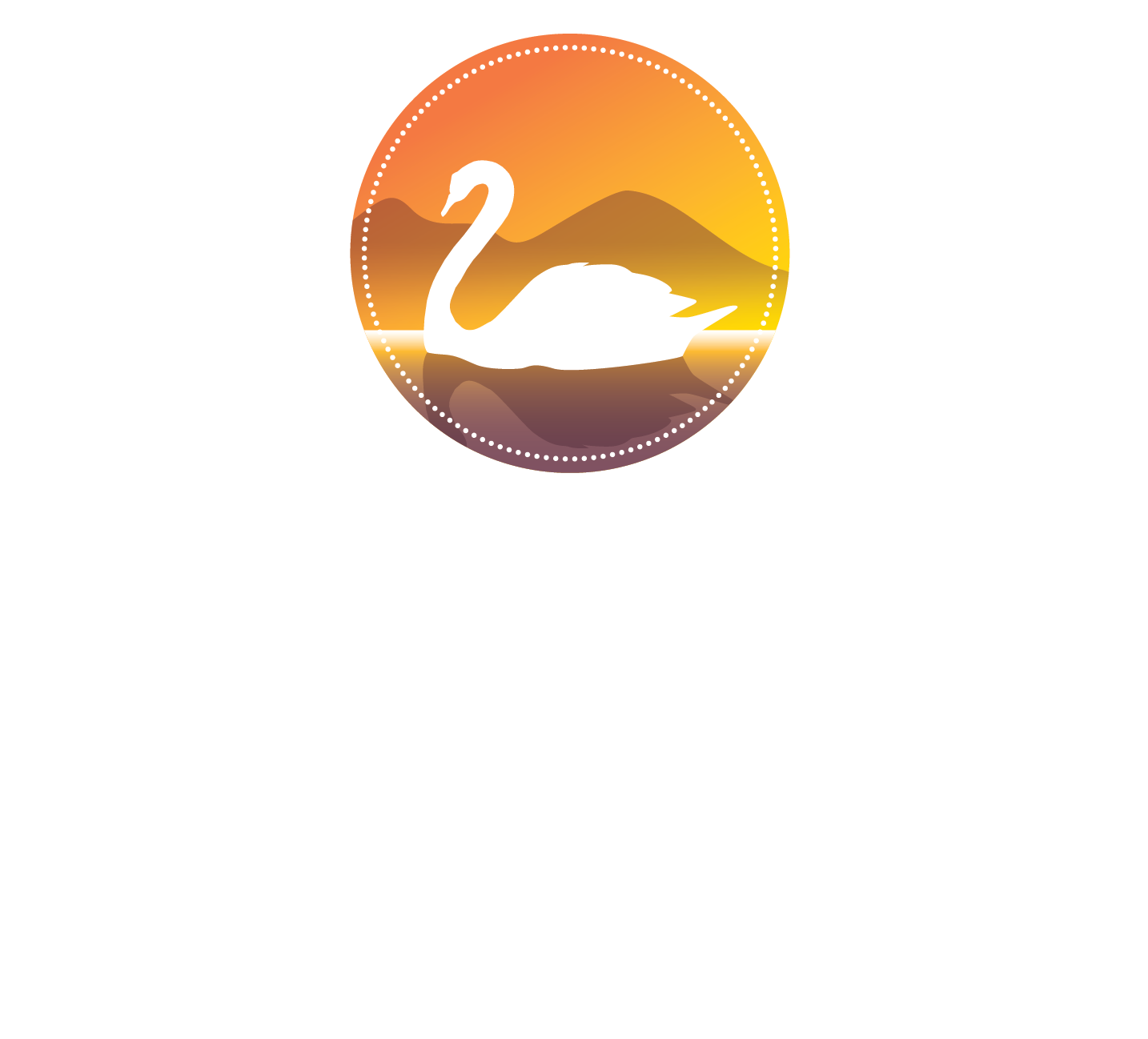 Orange circular logo with a white swan over a stylized sunrise and hills