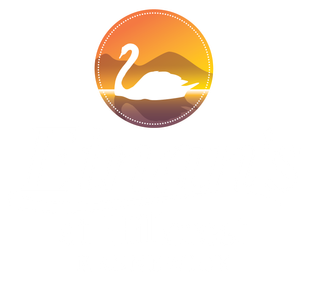 Orange circular logo with a white swan over a stylized sunrise and hills