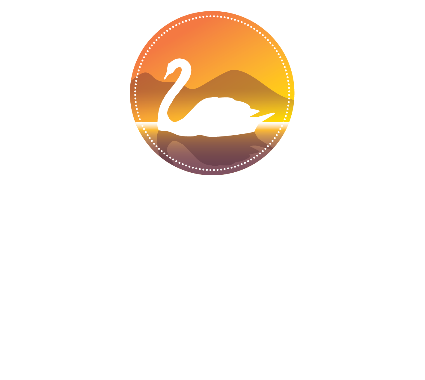 Circular sunset logo with a white swan silhouette over orange mountains and water
