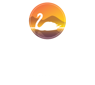 Circular sunset logo with a white swan silhouette over orange mountains and water