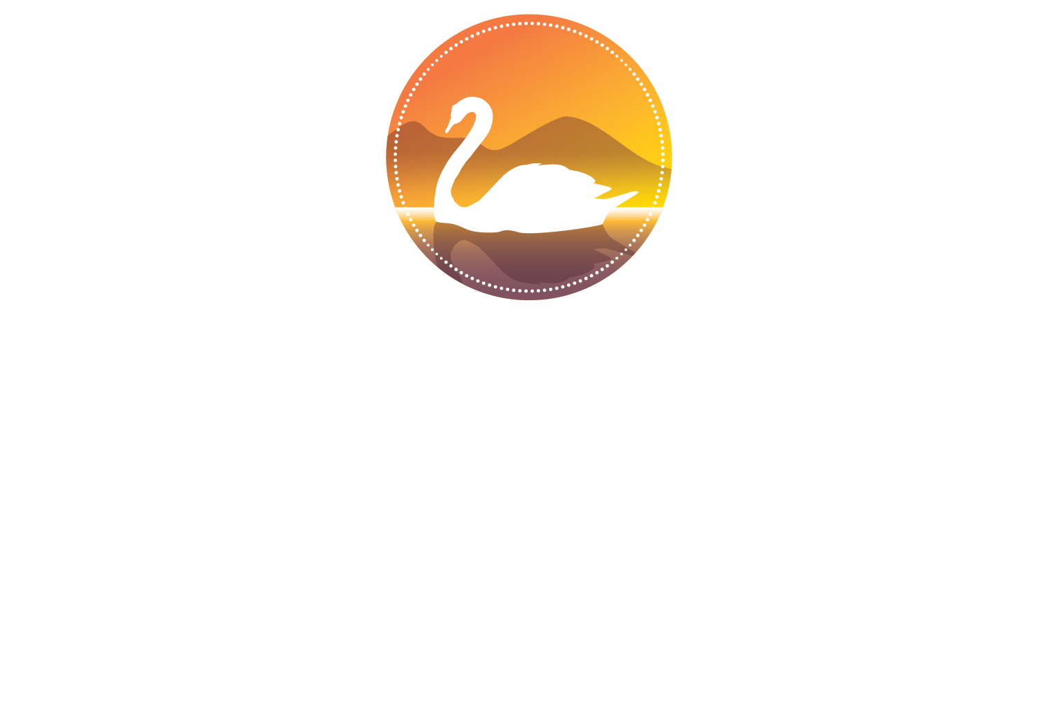 White swan silhouette in a circular sunset logo with orange and purple gradient.