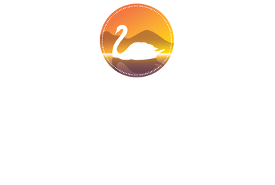 White swan silhouette in a circular sunset logo with orange and purple gradient.