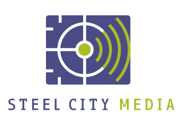 The Steel City Media logo features a blue square with a white target icon and green signal waves, followed by company text.
