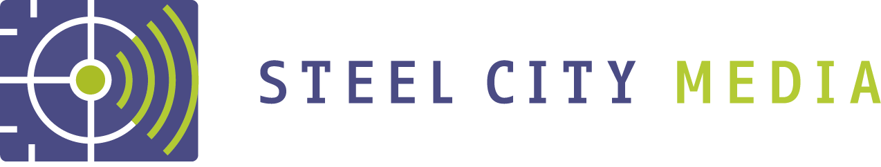 The Steel City Media logo features a blue square with a white target icon and green signal waves, followed by company text.