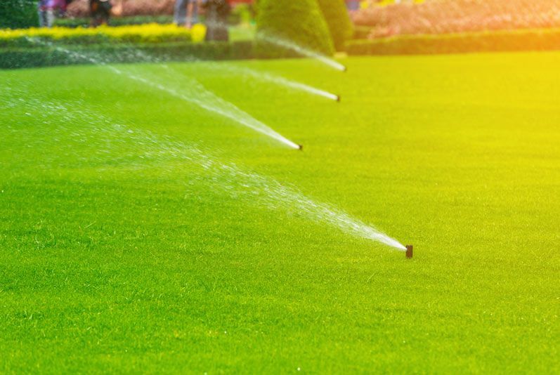 Lawn Sprinkler Spraying Water Over Green Grass — Smart Irrigation Controllers in Townsville