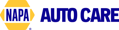 NAPA Auto Care logo with blue text on a white background. The logo features a yellow hexagon with