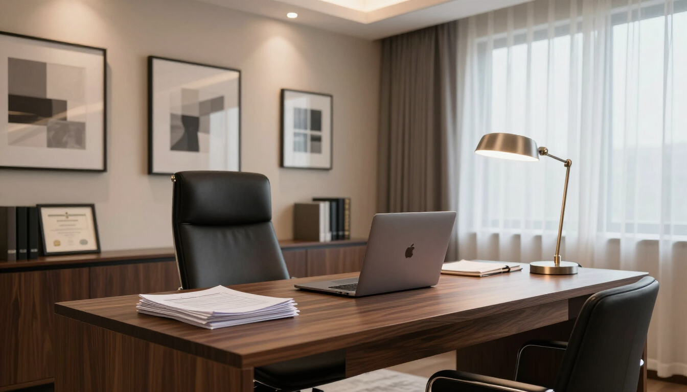 Professional financial advisor workspace with a computer showing a clean website design.