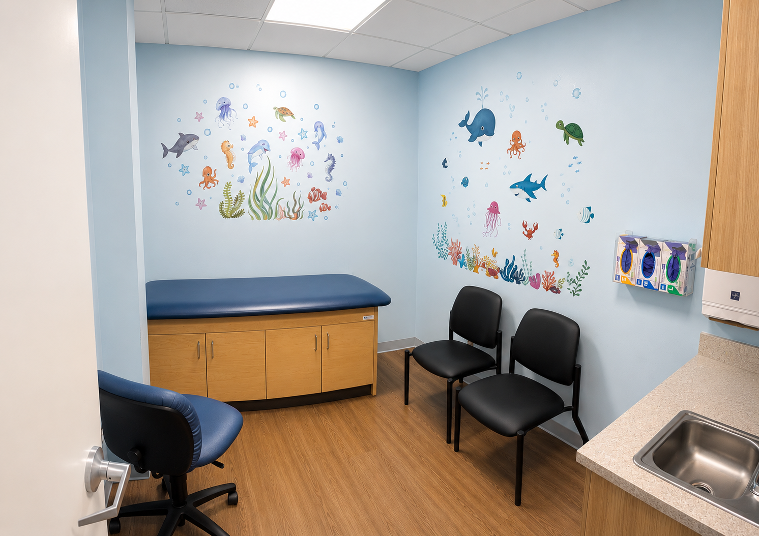 Small pediatric exam room with blue walls, fish decals, exam table, chairs, and a sink.